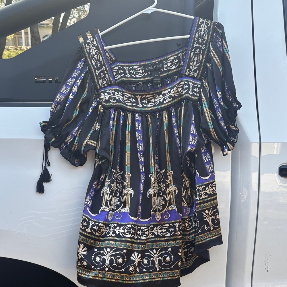 Lane Bryant Black, Purple & Teal Printed Boho Peasant Top